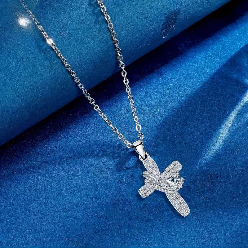 Crowned in Love Cross Necklace S925 Sterling Silver with Moissanite Stones