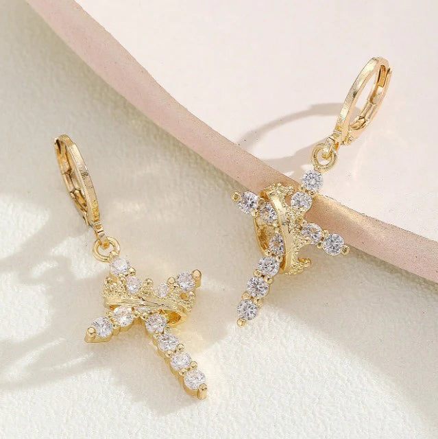 Crowned Faith Cross Earrings (Gold & Silver)